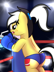 Size: 1200x1600 | Tagged: safe, artist:toyminator900, oc, oc only, oc:uppercute, species:earth pony, species:pony, bipedal, bipedal leaning, boxing, boxing gloves, butt, clothing, drink, foxy boxing, freckles, leaning, magic, offscreen character, open mouth, plot, scrunchie, show accurate, solo, sports, sports panties, telekinesis