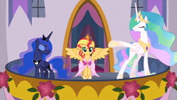 Size: 700x394 | Tagged: safe, artist:xebck, edit, edited screencap, screencap, character:princess celestia, character:princess luna, character:sunset shimmer, species:alicorn, species:pony, episode:magical mystery cure, episode:the last problem, g4, my little pony: friendship is magic, my little pony:equestria girls, alicornified, alternate universe, big crown thingy, clothing, coronation dress, crown, cute, dress, element of magic, front, jewelry, looking at you, race swap, regalia, shimmerbetes, shimmercorn, smiling, tiara