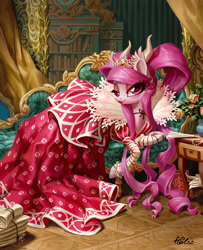 Size: 1791x2205 | Tagged: safe, artist:holivi, oc, oc only, species:pony, bust, clothing, commission, costume porn, couch, digital painting, dress, fainting couch, female, furniture, gown, horns, indoors, jewelry, lidded eyes, long mane, looking at you, lounging, luxury, lying down, makeup, mare, original species, portrait, smiling, solo, tiara