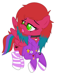 Size: 1496x1992 | Tagged: safe, artist:lazuli, artist:rukemon, base used, oc, oc only, oc:berī softly, species:pegasus, species:pony, badge, clothing, crossover, female, flying, glasses, hoodie, mare, multicolored hair, open mouth, pikachu, pin, pokéball, pokémon, raised hoof, raised leg, simple background, socks, solo, striped socks, transparent background, weeaboo