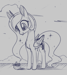 Size: 1320x1482 | Tagged: safe, artist:dusthiel, character:princess luna, species:alicorn, species:pony, candy, cute, female, food, lunabetes, mare, monochrome, pumpkin bucket, sketch, smiling, solo, tongue out
