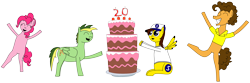 Size: 1280x427 | Tagged: safe, artist:didgereethebrony, character:cheese sandwich, character:pinkie pie, oc, oc:didgeree, oc:ponyseb, species:earth pony, species:pegasus, species:pony, birthday, birthday cake, cake, candle, chubby, clothing, drool, eyes on the prize, food, ponyseb's outfit, shirt, simple background, sweater, transparent background