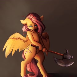 Size: 3200x3200 | Tagged: safe, artist:miokomata, character:fluttershy, species:pegasus, species:pony, axe, battle axe, bipedal, dungeons and dragons, female, floppy ears, freckles, hoof hold, mare, pen and paper rpg, rpg, semi-anthro, solo, weapon