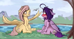 Size: 2820x1501 | Tagged: safe, artist:miokomata, character:fluttershy, oc, oc:dazzling talents, species:alicorn, species:pegasus, species:pony, alicorn oc, blushing, butterfly, coming out, dialogue, duo, female, freckles, i'm gay, lesbian, mare