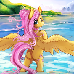 Size: 4000x4000 | Tagged: safe, artist:miokomata, character:fluttershy, species:pegasus, species:pony, beach, bipedal, butt, dock, eye clipping through hair, female, flutterbutt, freckles, looking at you, looking back, looking back at you, mare, outdoors, plot, semi-anthro, skinny dipping, smiling, solo, spread wings, standing in water, water, wings