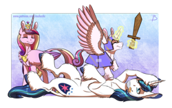 Size: 1840x1163 | Tagged: safe, artist:inuhoshi-to-darkpen, character:princess cadance, character:princess flurry heart, character:shining armor, species:alicorn, species:pony, species:unicorn, best dad ever, cardboard, cheek fluff, chest fluff, cute, cutedance, cutie mark, ear fluff, equestria's best father, eyes closed, family, father and daughter, female, filly, flurry heart pearl of battle, flurrybetes, levitation, magic, male, mare, older, older flurry heart, playful, playing dead, pretend, shining adorable, smiling, stallion, telekinesis, tongue out, unshorn fetlocks, wholesome, wooden sword