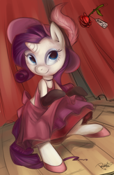 Size: 800x1219 | Tagged: safe, artist:php27, character:rarity, species:pony, species:unicorn, burlesque, clothing, dancer, dancing, dress, feather, female, hat, mare, rose, saloon dress, smiling, solo, stage
