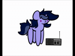 Size: 1440x1080 | Tagged: safe, artist:kimjoman, oc, oc only, oc:purple flix, species:pony, species:unicorn, animated, blep, bouncing, cute, derp, male, open mouth, radio, simple background, smiling, solo, sound, tongue out, wat, webm, white background