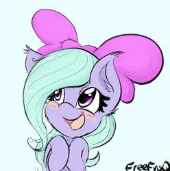 Size: 1250x1258 | Tagged: safe, artist:freefraq, character:flitter, species:pegasus, species:pony, blue background, blushing, bow, cheek fluff, cute, ear fluff, female, flitterbetes, hair bow, hooves to the chest, simple background, solo