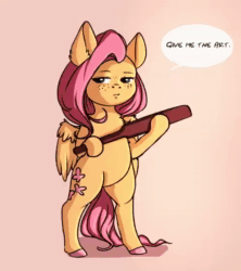 Size: 498x560 | Tagged: safe, artist:miokomata, character:fluttershy, species:pegasus, species:pony, animated, annoyed, bipedal, blinking, chest fluff, dialogue, ear fluff, female, freckles, frown, hoof hold, impatient, lidded eyes, looking at you, loop, mare, no sound, paddle, semi-anthro, solo, tan background, webm, wing fluff