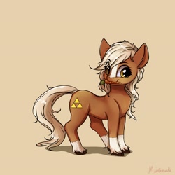 Size: 3200x3200 | Tagged: safe, artist:miokomata, species:earth pony, species:pony, carrot, commissioner:darnelg, epona, female, food, mare, mouth hold, ponified, simple background, solo, the legend of zelda, triforce, unshorn fetlocks