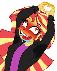 Size: 800x1000 | Tagged: safe, artist:mashoart, character:sunset shimmer, my little pony:equestria girls, ahegao, armpits, blushing, breasts, clothing, creepy, creepy smile, derp, drool, female, heart eyes, heart hands, jacket, open mouth, simple background, smiling, solo, sunset yandimmer, sweat, teeth, tongue out, wat, white background, wingding eyes