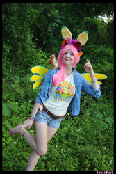Size: 3456x5184 | Tagged: safe, artist:krazykari, character:fluttershy, species:human, species:pegasus, species:pony, absurd file size, absurd resolution, clothing, cosplay, costume, irl, irl human, photo, pony ears, shirt, shorts, solo