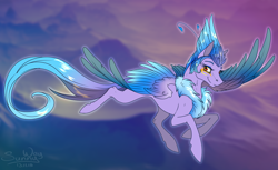 Size: 1400x857 | Tagged: safe, artist:sunny way, oc, oc:empyrea, species:pegasus, species:pony, event, feather, fluffy, flying, mountain, smiling, solo, spread wings, wings