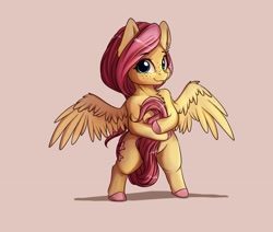 Size: 2332x1976 | Tagged: safe, artist:miokomata, character:fluttershy, species:pegasus, species:pony, bipedal, chest fluff, covering, fangs, female, freckles, mare, semi-anthro, sexy, simple background, smol, solo, tail between legs, tail covering