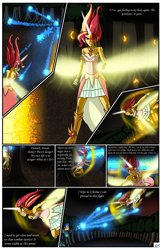 Size: 2331x3600 | Tagged: safe, artist:artemis-polara, character:daydream shimmer, character:flash sentry, character:sunset shimmer, comic:a battle to save a possessed soul, my little pony:equestria girls, arm cannon, armor, armpits, aura, badass, beam, bleeding, blocking, blood, breasts, cleavage, clothing, comic, commission, corrupted, danger, dark samus, daydream shimmer, defending, destruction, devastation, dress, electrified, electrocution, energy weapon, explosion, falling, fear, female, fight, forest, guarding, horn, injured, magic, male, metroid, night, pain, phazon, possessed, red eye, scared, serious, serious face, shocked expression, tree, weapon