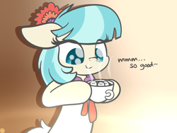 Size: 2048x1536 | Tagged: safe, artist:kimjoman, character:coco pommel, species:earth pony, species:pony, chocolate, clothing, cocobetes, cute, drink, female, flower, flower in hair, food, gradient background, hoof hold, hot chocolate, mare, marshmallow, solo, text