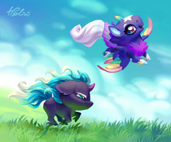 Size: 1378x1146 | Tagged: safe, artist:holivi, oc, oc only, species:pony, species:unicorn, chibi, cloud, flying, grass, running