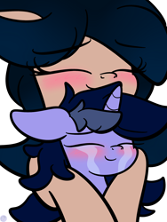 Size: 1536x2048 | Tagged: safe, artist:kimjoman, oc, oc only, oc:crescend cinnamon, oc:purple flix, species:pony, blushing, eyes closed, female, hug, male, shipping, simple background, smiling, teary eyes, white background