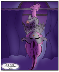 Size: 1000x1217 | Tagged: safe, artist:freefraq, oc, oc only, oc:lilac san, species:bat pony, species:pony, comic:story cherry shenigans, behaving like a bat, cute, hanging, hanging upside down, sleeping, solo