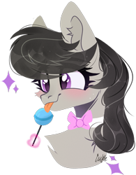 Size: 789x1013 | Tagged: safe, artist:lazuli, character:octavia melody, species:earth pony, species:pony, blushing, bow tie, bust, candy, chest fluff, cute, ear fluff, eye clipping through hair, eyebrows, eyebrows visible through hair, female, food, licking, lollipop, mare, portrait, simple background, solo, tavibetes, tongue out, transparent background