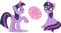 Size: 3342x1791 | Tagged: safe, artist:frownfactory, character:twilight sparkle, character:twilight sparkle (alicorn), character:twilight sparkle (scitwi), species:alicorn, species:pony, species:unicorn, my little pony:equestria girls, .svg available, equestria girls ponified, excited, female, glasses, heptagram, horn, magic, magic symbols, mare, raised hoof, simple background, sitting, svg, transparent background, twolight, unicorn sci-twi, vector, wings, worried