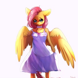 Size: 4000x4000 | Tagged: safe, artist:miokomata, character:fluttershy, species:pegasus, species:pony, arm hooves, backlighting, blushing, bow, chest fluff, choker, clothing, cute, female, floppy ears, freckles, mare, nightgown, see-through, semi-anthro, shyabetes, simple background, smiling, solo, white background