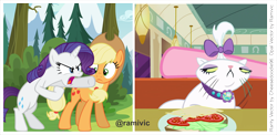 Size: 5478x2678 | Tagged: safe, artist:cheezedoodle96, artist:ramivic, character:applejack, character:opalescence, character:pinkie pie, character:rarity, angry, backdrop, cheese, clothing, diner, food, forest, hat, lettuce, meme, sandwich, show accurate, sneer, tomato, vector, woman yelling at a cat
