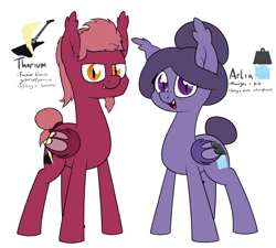 Size: 2801x2521 | Tagged: safe, artist:moonatik, oc, oc only, oc:arlia, oc:thorium, species:bat pony, bat pony oc, cutie mark, electric guitar, female, guitar, hair bun, husband and wife, ice cube, male, musical instrument, old, pun, reference sheet, simple background, tail bun, visual gag, weight