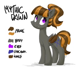 Size: 1200x1091 | Tagged: safe, artist:flutterthrash, oc, oc only, oc:mythic dawn, species:bat pony, bat pony oc, commission, cutie mark, fangs, hair tie, looking at you, ponytail, purple eyes, reference sheet, simple background, smiling, solo, standing, white background