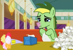 Size: 1075x743 | Tagged: safe, artist:didgereethebrony, edit, edited screencap, screencap, oc, oc:didgeree, species:pegasus, species:pony, episode:the saddle row review, g4, my little pony: friendship is magic, cafe, cold, flower, sick, solo, tissue, tissue box