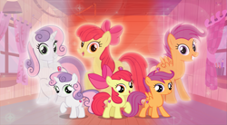 Size: 3495x1929 | Tagged: safe, artist:andoanimalia, artist:vector-brony, character:apple bloom, character:scootaloo, character:sweetie belle, species:earth pony, species:pegasus, species:pony, species:unicorn, clubhouse, cmc day, cutie mark crusaders, filly, older, older apple bloom, older cmc, older scootaloo, older sweetie belle, self paradox