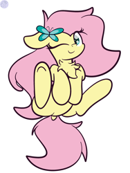 Size: 1536x2048 | Tagged: safe, artist:kimjoman, character:fluttershy, species:pegasus, species:pony, chest fluff, cute, dock, female, floppy ears, hair accessory, hair ornament, hooves to the chest, looking at you, mare, on back, one eye closed, shyabetes, simple background, smiling, solo, spread legs, spreading, three quarter view, white background, wink