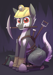 Size: 2480x3508 | Tagged: safe, artist:underpable, oc, oc only, species:earth pony, species:pony, badger, clothing, converse, cute, cutie mark, helmet, high res, hybrid, looking at you, male, mining helmet, mouth hold, pickaxe, shoes, sitting, solo