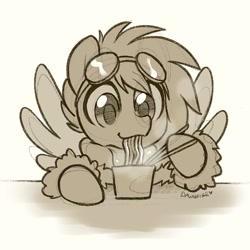 Size: 1200x1200 | Tagged: safe, artist:dawnfire, oc, oc only, oc:gryph xander, species:pegasus, species:pony, chopsticks, clothing, cup noodles, cute, eating, goggles, jacket, monochrome, ocbetes, solo