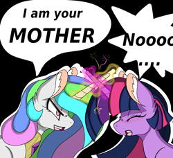 Size: 4059x3705 | Tagged: safe, artist:cuddlelamb, character:princess celestia, character:twilight sparkle, species:pony, blushing, crossover, eyes closed, glowing horn, horn, horns are touching, lightsaber, luke i am your father, magic, star wars, weapon