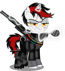 Size: 5183x5710 | Tagged: safe, artist:vector-brony, oc, oc:blackjack, species:pony, species:unicorn, fallout equestria, fallout equestria: project horizons, absurd resolution, ammunition, clothing, fanfic art, female, grim reaper, gun, horn, levitation, magic, mare, scar, simple background, small horn, solo, sunglasses, telekinesis, transparent background, weapon
