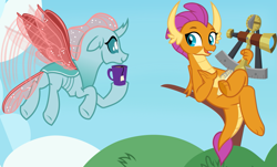 Size: 1055x636 | Tagged: safe, artist:frownfactory, character:ocellus, character:smolder, species:changeling, species:dragon, species:reformed changeling, episode:the last problem, g4, my little pony: friendship is magic, .svg available, adult, all is well, claws, cloud, crossed legs, cup, curved horn, dragoness, duo, fangs, female, flapping, floppy ears, flying, folded wings, food, horn, horns, i can't believe it's not hasbro studios, notepad, older, older ocellus, older smolder, sextant, show accurate, sitting, smiling, spread wings, svg, tea, toes, tree, underfoot, vector, wings