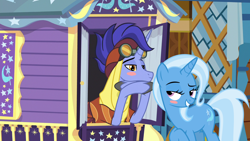 Size: 1280x720 | Tagged: safe, artist:themexicanpunisher, edit, edited screencap, screencap, character:hoo'far, character:trixie, species:pony, ship:trixfar, episode:on the road to friendship, blush sticker, blushing, female, hoo'far's wagon, male, shipping, straight, trixie's wagon