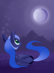 Size: 1428x1936 | Tagged: safe, artist:dusthiel, character:princess luna, species:alicorn, species:pony, both cutie marks, female, looking up, mare, moon, night, prone, solo