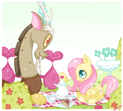 Size: 900x810 | Tagged: safe, artist:ipun, character:discord, character:fluttershy, ship:discoshy, cake, female, heart eyes, male, picnic, shipping, straight, tea