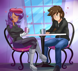 Size: 2239x2048 | Tagged: safe, artist:thebrokencog, character:rarity, oc, oc:arrow swift, species:human, canon x oc, canterlot, chair, chocolarity, clothing, commission, crossed legs, cup, dark skin, drink, eyes closed, female, gloves, heart, high res, humanized, male, pants, rariswift, shoes, sitting, smiling, table