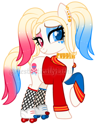 Size: 788x1015 | Tagged: safe, artist:aestheticallylithi, artist:lazuli, base used, oc, oc only, oc:har-harley queen, species:earth pony, species:pony, choker, clothing, commission, ear piercing, earring, eyeshadow, female, fishnets, harley quinn, heart eyes, heterochromia, hoodie, jewelry, makeup, mare, multicolored hair, piercing, pigtails, raised hoof, roller skates, running makeup, simple background, solo, stockings, tattoo, thigh highs, transparent background, twintails, watermark, wingding eyes
