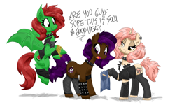 Size: 5000x3000 | Tagged: safe, artist:flutterthrash, oc, oc only, oc:berry mocha, oc:lizzie, oc:watermelon frenzy, species:earth pony, species:pony, species:unicorn, brown coat, clothing, collar, concert, cream coat, cutie mark, ear piercing, earring, fangs, green coat, jewelry, metal, outfit, patch, piercing, pink mane, purple eyes, purple mane, red eyes, red mane, smug, spiked collar, spiked tail tie, spiked wristband, stockings, text, thigh highs, vampire bat pony, vest, worried, wristband, yellow eyes