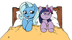 Size: 1033x583 | Tagged: safe, artist:joey darkmeat, edit, character:trixie, character:twilight sparkle, species:pony, species:unicorn, ship:twixie, bed, cropped, cute, doll, female, lesbian, mare, open mouth, plushie, shipping, simple background, smiling, toy, transparent background, twidoll
