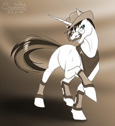 Size: 1000x1095 | Tagged: safe, artist:sunny way, patreon reward, oc, oc:deon adamson, species:pony, species:unicorn, black and white, clothing, facial hair, grayscale, hat, male, monochrome, moustache, patreon, solo, stallion, western