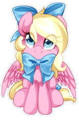 Size: 467x720 | Tagged: safe, artist:loyaldis, oc, oc only, oc:bay breeze, species:pegasus, species:pony, bow, cute, female, hair bow, looking at you, mare, neck bow, ocbetes, simple background, sitting, smiling, tail bow, transparent background, white outline