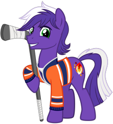Size: 2900x3200 | Tagged: safe, artist:cheezedoodle96, oc, oc only, oc:proudy hooves, species:earth pony, species:pony, 2020 community collab, derpibooru community collaboration, .svg available, clothing, hockey stick, hoof hold, jersey, looking at you, male, shirt, simple background, smiling, solo, stallion, svg, transparent background, vector