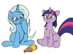 Size: 542x399 | Tagged: safe, artist:joey darkmeat, edit, character:trixie, character:twilight sparkle, species:pony, ship:twixie, cropped, female, lesbian, plushie, shipping