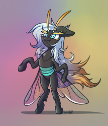 Size: 1881x2186 | Tagged: safe, artist:dsp2003, oc, oc only, species:changeling, species:mothpony, :3, antennae, changeling queen, changeling queen oc, cute, cute little fangs, fangs, female, floppy ears, gradient background, moth, original species, raised hoof, rearing, smug, solo, wings